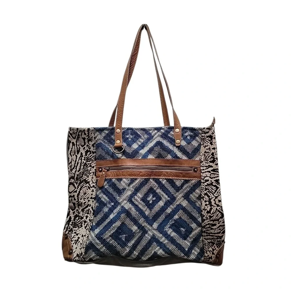 Myra Bag Upcycled Tote Large Purse Repurposed Boho Chic Canvas & Leather